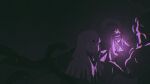  2others black_snake cloak cyberseaurchin highres holding holding_lantern hood indoors lantern multiple_others original other_focus purple_light red_eyes short_hair snake snake_hair teeth upper_body 