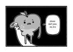 ambiguous_gender apple black_background dialogue discount-supervillain dot_eyes duo elemental_creature elemental_humanoid eyebrows flora_fauna food food_creature food_humanoid frown fruit fruit_humanoid greyscale human humanoid leaf living_fruit mammal monochrome not_furry plant plant_humanoid simple_background simple_eyes speech_bubble
