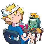 adventure_time ambiguous_gender anthro beverage_can blonde_hair bmo bottomwear canid canine canis cartoon_network chair chips_(food) clothing discount-supervillain domestic_dog dot_eyes drinking finn_the_human food furniture group hair human jake_the_dog machine mammal micro not_furry_focus robot shirt shorts simple_eyes sitting t-shirt toony topwear trio