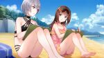  2girls beach bikini black_bikini black_choker blue_bag blue_eyes brown_hair choker cloud cumulonimbus_cloud eye_contact feet_out_of_frame frilled_one-piece_swimsuit frills full_body game_cg grey_hair hair_between_eyes hairband holding holding_pencil holding_sketchbook light_particles long_hair looking_at_another marie_mahler mountainous_horizon multi-strapped_bikini_bottom multi-strapped_bikini_top multicolored_hairband multiple_girls non-web_source official_art on_ground one-piece_swimsuit otori_ai outdoors parted_lips pencil pink_one-piece_swimsuit purple_eyes raised_inner_eyebrows short_hair sitting sketchbook smile soles swimsuit toes v-shaped_eyebrows yumeutsutsu_re:master 