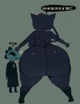 anothercat anthro back_boob bea_santello big_breasts big_butt blue_body boots breasts butt clothing crocodile crocodilian domestic_cat dress duo english_text felid feline felis female footwear green_body hi_res huge_butt mae_borowski mammal narrowed_eyes night_in_the_woods nude reptile scalie shoes speech_bubble text thick_thighs wide_hips
