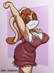  2022 absurd_res anthro artist_name big_breasts breasts brown_hair cleavage clothed clothing eyes_closed female floppy_ears hair hi_res lagomorph leporid long_ears mammal mature_female nightgown nipple_outline rabbit sega short_hair skinnbox smile solo sonic_the_hedgehog_(series) standing stretching text vanilla_the_rabbit 