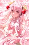  1girl bare_shoulders breasts cherry_blossoms cherry_hair_ornament chromatic_aberration closed_mouth collared_shirt commentary cupping_hands detached_sleeves double-parted_bangs english_commentary falling_petals floral_print food-themed_hair_ornament frilled_shirt frilled_shirt_collar frills from_above hair_between_eyes hair_ornament hatsune_miku headphones headset highres je_mizu long_hair long_sleeves looking_at_viewer miniskirt necktie outdoors own_hands_together petals pink_eyes pink_hair pink_necktie pink_skirt pink_sleeves pink_theme sakura_miku shirt sidelighting skirt sky sleeveless sleeveless_shirt small_breasts smile solo tie_clip twintails very_long_hair vocaloid white_petals white_sky 