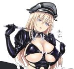  1girl bangs bismarck_(kancolle) black_bra black_gloves black_headwear blonde_hair blue_eyes bra breasts cleavage clothing_cutout commentary_request dated detached_collar dominatrix elbow_gloves gloves hair_between_eyes hat holding_riding_crop kantai_collection large_breasts latex long_hair navel_cutout parted_lips peaked_cap puffy_short_sleeves puffy_sleeves riding_crop short_sleeves shrug_(clothing) signature simple_background solo tk8d32 underbust underwear white_background 