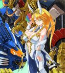  1girl animal_ears artoria_pendragon_(fate) artoria_pendragon_(swimsuit_ruler)_(fate) blade_liger blue_legwear breasts card crossover daigouzi fake_animal_ears fangs fate/grand_order fate_(series) genesic_gaogaigar holding holding_card large_breasts long_hair mecha multiple_crossover one-piece_swimsuit orange_eyes orange_hair pantyhose ponytail rabbit_ears science_fiction sharp_teeth smile super_robot swimsuit teeth tiara v-fin v-shaped_eyebrows white_swimsuit yuusha_ou_gaogaigar yuusha_ou_gaogaigar_final yuusha_series zoids 