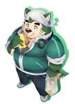  2022 anthro belly big_belly black_nose bottomwear bread burger canid canine canis clothing domestic_dog food green_body headphones headphones_around_neck hi_res humanoid_hands kemono lifewonders live-a-hero male mammal mokdai overweight overweight_male pants ran_ran_629 shirt simple_background solo topwear video_games 