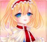  1girl alice_margatroid bangs blonde_hair blue_dress blue_eyes blush breasts buttons capelet commentary_request dress eyebrows_visible_through_hair eyes_visible_through_hair framed_image frills gradient gradient_background hair_between_eyes hairband hand_up heart highres long_sleeves looking_to_the_side marker_(medium) medium_breasts multicolored_background necktie open_mouth pink_background puffy_long_sleeves puffy_sleeves red_hairband red_necktie shirt short_hair smile solo touhou traditional_media upper_body white_capelet white_shirt yellow_background yuuki_hana_(jtnp5334) 