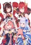  4girls :d =_= absurdres ahoge ange_katrina ange_katrina_(valkyrie_hero) animal_ears animal_hood animal_on_head arm_guards arms_up banken_(inui_toko) bare_shoulders bell bird bird_on_hand black_collar black_dress black_gloves blue_dress blue_eyes blue_flower blue_hair blunt_bangs blush bow breasts brown_hair cleavage_cutout closed_mouth clothing_cutout collar commentary_request creature crossed_bangs detached_hood detached_sleeves dog_ears dress fingerless_gloves flower frilled_dress frills gauntlets gloves green_nails hair_between_eyes hair_flower hair_intakes hair_ornament heterochromia highres holding holding_creature hood hood_up inui_toko inui_toko_(valkyrie_hero) lize_helesta lize_helesta_(valkyrie_hero) long_hair looking_at_animal looking_at_another looking_down maid_headdress medium_hair mikaze_raika multicolored_hair multiple_girls nail_polish neck_bell nijisanji on_head open_mouth panda_hood pink_eyes pink_hair purple_eyes red_bow red_eyes red_hair rope sasaki_saku sasaki_saku_(valkyrie_hero) sebastian_piyodore shimenawa short_sleeves sidelocks simple_background small_breasts smile strapless strapless_dress streaked_hair swept_bangs two-tone_hair virtual_youtuber white_background white_gloves white_hair white_headdress white_sleeves yellow_bird yellow_eyes 