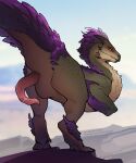 animal_genitalia ankle_tuft beak butt capcom cheek_spikes claws cloaca cloacal_penis day dinosaur erection facial_spikes feathered_wings feathers feral genitals green_body green_scales hi_res horn ket-dawnatsunset leg_tuft long_penis looking_at_viewer male monster_hunter orange_eyes outside penis prehistoric_species presenting presenting_hindquarters presenting_penis pubic_boot pupils purple_body purple_feathers raised_tail reptile scales scalie seikret slit_pupils solo spikes spikes_(anatomy) standing tail tail_feathers tapering_penis theropod tuft white_body white_feathers wings