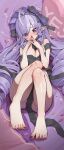  1girl barefoot black_bow black_ribbon blush bow breasts cleavage closed_mouth drill_hair feet flower hair_bow highres keureu_(tiqkdtiqkd10) legs long_hair looking_at_viewer medium_breasts mole mole_under_eye multicolored_hair nail_polish naked_ribbon petals pillow purple_hair red_eyes red_nails ribbon solo streaked_hair toenail_polish toenails toes twin_drills vivian_banshee white_hair yes-no_pillow zenless_zone_zero 