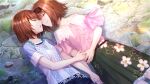  2girls bare_shoulders black_hairband blood blood_from_mouth blue_shirt blue_shorts bob_cut closed_eyes collarbone crack cracked_floor game_cg green_skirt hairband holding_hands implied_death incest lying medium_skirt multiple_girls non-web_source off-shoulder_shirt off_shoulder official_art on_back otori_ai parted_lips pink_shirt pleated_skirt shirt short_hair short_sleeves shorts skirt spoilers suicide yanagiya_kokoro yumeutsutsu_re:master yuri 