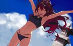 1girl armpits arms_up bangs bikini blue_bikini breasts building closed_eyes cloud cloudy_sky day detached_wings dutch_angle floating_hair hololive hololive_english horns irys_(hololive) long_hair multiple_horns navel outdoors pako_(pakosun) red_hair sky small_breasts solo stomach swimsuit teeth virtual_youtuber wings 