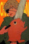  1boy blonde_hair blood chainsaw chainsaw_man coat denji_(chainsaw_man) eyepatch fang highres llq9ull looking_at_viewer male_focus orange_background pet pochita_(chainsaw_man) pull_cord sharp_teeth short_hair simple_background teeth tongue tongue_out trench_coat weapon 