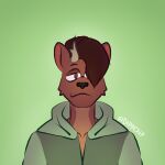  2022 antlers artist_name bored brown_body brown_eyes brown_fur brown_hair bust_portrait cervid cheek_tuft clothing digital_drawing_(artwork) digital_media_(artwork) dip-chip ed_(scratch21) facial_tuft frown fur green_background green_clothing green_hoodie green_topwear hair half-closed_eyes hoodie horn mammal narrowed_eyes portrait scratch21 simple_background tan_body tan_fur topwear tuft 