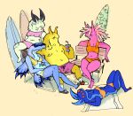 2025 antennae_(anatomy) anthro aquatic_gastropod banana_slug beach beach_chair bedupolker bench beverage bikini bikini_bottom bikini_top black_antennae blue_antennae blue_body blue_dragon_slug clothing eyestalks female flesh_hair fluffy_antennae footwear gastropod green_body group hopkin&#039;s_rose lying male marine mollusk nipples non-mammal_nipples nudibranch pink_body sandals sea_slug shoes simple_background sitting slug sneakers socks surfboard swimming_trunks swimsuit_only swimwear two-piece_swimsuit yellow_body