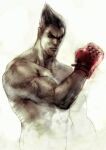 1boy balding black_hair clenched_hand closed_mouth gloves glowing glowing_eye kawano_takuji male_focus mishima_kazuya official_art raised_fist red_eyes red_gloves scar scar_on_cheek scar_on_face simple_background solo studded_gloves tekken tekken_4 thick_eyebrows topless_male upper_body v-shaped_eyebrows white_background 