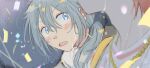  2boys 37l53 amagi_rinne blue_eyes blush chain chain_necklace commentary confetti dated double-parted_bangs ensemble_stars! grey_background grey_hair hair_between_eyes hair_over_shoulder jewelry male_focus motion_blur multiple_boys necklace open_mouth out_of_frame ponytail raised_eyebrows shiina_niki shirt short_ponytail sideways_glance signature solo_focus surprised sweat white_shirt wide-eyed 