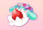  animal animal_ears animal_focus animalization basil_(headspace)_(omori) basil_(omori) blue_flower blush chestnut_mouth commentary_request double-parted_bangs flower flower_wreath food fruit green_eyes green_hair hair_between_eyes head_wreath highres holding holding_food holding_fruit leaf long_hair lop_rabbit_ears mapa_(wqgrkt_krbko) no_humans omori open_mouth orange_flower outline purple_flower rabbit rabbit_ears red_background red_flower red_rose rose shadow simple_background solo strawberry tongue white_flower white_outline white_rabbit_(animal) 