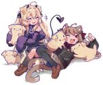  2girls ahoge animal_ears black_cardigan black_horns blonde_hair blush_stickers bow bowtie broken_heart broken_heart_hair_ornament brown_hair cardigan cat_ears cat_girl cat_tail cerber_(vtuber) closed_eyes commission demon_tail detached_sleeves dog dog_ears dog_girl evil_neuro-sama fang heart highres horns indie_virtual_youtuber long_hair multiple_girls open_mouth pasharuu pleated_skirt red_bow red_bowtie red_eyes second-party_source skin_fang skirt sleeves_past_fingers sleeves_past_wrists tail vedal_ai virtual_youtuber white_background 