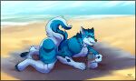  anthro barazoku beach blue_body blue_fur canid canine canis fur hi_res johnfreak male mammal muscular muscular_anthro muscular_male nude pawpads pecs seaside solo wolf wynterwolf220 