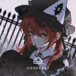  1girl black_bow black_dress black_hat black_pantyhose black_ribbon black_shawl bored bow cloud cloudy_sky collared_shirt dress eye_print eyelashes fence frilled_dress frilled_headwear frills fur_shawl grey_eyes hair_between_eyes hair_bow hair_over_shoulder hat kitakawayui knees_up light_blush light_frown light_particles lips long_hair long_sleeves low_twintails mob_cap neck_ribbon original outdoors pantyhose pinafore_dress red_hair ribbon shawl shirt sky sleeveless sleeveless_dress solo squatting triangular_headpiece twintails upper_body white_shirt 