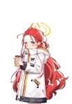  1girl absurdres ahoge blue_archive blue_eyes blush bow braid chinese_commentary coat commentary cowboy_shot cup disposable_cup drink drinking_straw fluffy_hair forehead grin hair_around_ear hair_behind_ear hair_bow halo handheld_game_console highres holding holding_cup holding_drink hood hood_down hooded_coat long_hair long_sleeves looking_at_viewer milk_tea millennium_science_school_logo multicolored_coat object_in_pocket orange_coat orange_halo pocket power_symbol red_hair simple_background single_braid smile solo standing very_long_hair white_background white_bow white_coat wuyin yuzu_(blue_archive) 