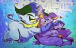 animate_inanimate anthro balls clothing cuddling deep_navel deltarune demon duo felid feline fool&#039;s_hat genitals hat headgear headwear heart_symbol hi_res jester jevil_(deltarune) living_plushie male male/male mammal moobs navel nonbinary_(lore) nude overweight overweight_anthro overweight_male paws penis plushie salamikii seam_(deltarune) small_penis stitch_(sewing) undertale_(series)