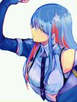  1girl arm_up black_necktie blue_hair breasts closed_mouth collared_shirt commentary_request flexing from_side hair_between_eyes highres kantai_collection kouga_(mutsumi) long_hair multicolored_hair necktie profile red_hair shirt simple_background sleeveless sleeveless_shirt solo south_dakota_(kancolle) star_(symbol) upper_body white_hair white_shirt yellow_eyes 