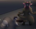 anthro balls big_balls big_breasts big_butt big_penis black_sclera breasts brown_body butt canid canine clown_makeup crouching demon dialogue domestic_cat duo felid feline felis female floxko(photolol.03) genitals hair hi_res long_penis long_tongue looking_down lying male mammal penis photolol.03 pink_eyes pink_hair simple_background text thick_thighs tongue tongue_out wide_hips