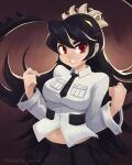  1girl black_hair black_skirt breasts clenched_hands clenched_teeth facing_viewer filia_(skullgirls) highres looking_at_viewer md5_mismatch medium_breasts navel necktie red_eyes rolleta_sousa samson_(skullgirls) self_upload shirt skirt skullgirls smile solo teeth twitter_username white_shirt 
