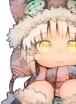  1other absurdres alternate_costume animal_hat brown_fur buttons close-up eyebrows_visible_through_hair eyes_visible_through_hair face fur-trimmed_headwear fur-trimmed_sleeves fur_trim furry grey_hair hands_up hat highres horizontal_pupils long_sleeves looking_at_viewer made_in_abyss nanachi_(made_in_abyss) parted_lips potapon ribbon-trimmed_sleeves ribbon_trim scarf short_hair simple_background solo striped striped_scarf upper_body white_background woollen_cap yellow_eyes 