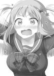  029 1girl afterimage arms_up blush bow breasts collarbone embarrassed hair_ribbon hataraku_maou-sama! highres large_breasts long_hair looking_at_viewer monochrome motion_lines open_mouth panicking plaid_bow ribbon sasaki_chiho school_uniform serafuku simple_background solo standing star_(symbol) surprised tented_shirt two_side_up upper_body v-shaped_eyebrows waving wavy_mouth white_background wide-eyed 