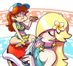  2girls :t bare_shoulders blonde_hair closed_eyes closed_mouth crossed_legs discount-supervillain drinking drinking_straw earrings eating eyelashes eyeliner flipped_hair flower flower_earrings hair_flower hair_ornament hair_over_one_eye hat highres hot_dog jewelry lips long_hair makeup mario_(series) mario_kart mario_kart_world multiple_girls pale_skin ponytail princess_daisy princess_daisy_(swimwear)_(mario_kart_world) rosalina rosalina_(swimwear) shoes sleeveless smile sneakers soda soda_bottle star_(symbol) 