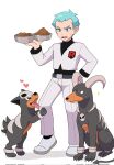  1boy archer_(pokemon) belt belt_buckle black_shirt black_socks bowl buckle commentary_request dog drooling evolutionary_line hand_on_own_hip hand_up heart highres holding houndoom houndour jacket logo long_sleeves male_focus nakikot_t open_mouth pants pet_bowl pet_food pokemon pokemon_(creature) pokemon_hgss shirt shoes socks sparkle standing sweatdrop team_rocket team_rocket_uniform white_background white_jacket white_pants white_shoes 
