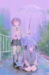  2girls absurdres bang_dream! bang_dream!_it&#039;s_mygo!!!!! blue_hair commentary green_necktie green_skirt green_socks grey_jacket hand_up haneoka_school_uniform hashtag-only_commentary highres holding holding_umbrella jacket kneehighs long_hair long_sleeves multiple_girls necktie railing school_uniform sitting skirt socks standing takamatsu_tomori togawa_sakiko umbrella xenoee 