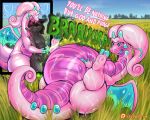  5:4 anthro belly big_belly big_butt breasts burping butt canid canine canis detailed_background digestion digestion_noises dragon dragonite dripping duo embrace female feral glistening glistening_body goo_creature goodra grass hi_res horn hug hybrid legs_up long_neck male male/female mammal nintendo open_mouth plant pok&eacute;mon pok&eacute;mon_(species) purple_body rumbling_stomach sassylebraix slime text thick_tail thick_thighs video_games vore wide_hips wings wolf 