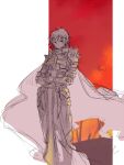  1boy armor breastplate cape closed_mouth commentary_request feet_out_of_frame gauntlets greyscale_with_colored_background holding holding_sword holding_weapon leg_armor looking_at_viewer lowres male_focus ragnarok_online red_background rune_knight_(ragnarok_online) short_hair smile solo spiked_pauldrons standing sword wane_(ruki) weapon 