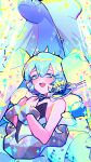  1girl absurdres aurorus bare_shoulders blush choker closed_mouth dress eyelashes hair_between_eyes hatsune_miku highres holding long_hair looking_at_viewer mochi_(buchumi10) multicolored_hair open_mouth pendant_choker pokemon pokemon_(creature) project_voltage rock_miku_(project_voltage) sparkle strapless strapless_dress tiara twintails upper_body vocaloid 