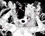  1girl black_background black_blood black_eyes blood blood_on_face bug butterfly crying crying_with_eyes_open fang fangs highres horror_(theme) injury light_bulb looking_at_viewer open_mouth pakiruchang patch piercing simple_background skin_fangs spine tears white_hair 