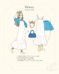  1girl animification bird blue_shirt dewey_duck dress duck genderswap glasses highres huey_duck long_hair looking_at_viewer louie_duck meecosme mickey_mouse_&amp;_friends shirt shoes simple_background skirt smile socks white_background 