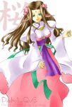  1girl 2000s_(style) 2001 bad_id breasts brown_hair diabolique dress flower forehead_tattoo full_body green_eyes hair_flower hair_ornament juliet_sleeves long_hair long_sleeves looking_at_viewer medium_breasts open_mouth ouki_(diabolique) parted_bangs pink_dress pink_flower pointy_ears puffy_sleeves purple_sash sash simple_background smile solo tachibana_sakuya_(matsurika) white_background white_dress 