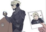  1boy alcohol blonde_hair blue_eyes cup cyborg eyepatch glass heart highres holding holding_cup holding_own_arm joyousvampiru light_blush long_hair metal_gear_(series) metal_gear_rising:_revengeance metal_gear_solid_2:_sons_of_liberty metal_skin nyan one_eye_closed photo_(object) pov pov_hands raiden_(metal_gear) red_eyes short_hair 