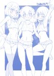  3girls :d animal_print arm_around_waist arm_up armpits ass_visible_through_thighs bangs bear_print blue_theme blush bob_cut bow bow_panties braid breasts commentary crop_top crotch_seam delicious_party_precure eyebrows_visible_through_hair front-print_panties fuwa_kokone grin groin hair_bobbles hair_ornament hanamichi_ran hands_on_hips highres holding holding_pom_poms kneehighs leg_up locked_arms looking_at_viewer medium_hair microskirt midriff miyagoe_yoshitsuki monochrome multiple_girls nagomi_yui one_eye_closed open_mouth outside_border panda_print panties parted_lips pleated_skirt pom_pom_(cheerleading) precure print_panties shirt shoes short_hair side-by-side skirt sleeveless sleeveless_shirt small_breasts smile socks spot_color standing standing_on_one_leg sweat thighhighs translated twin_braids underwear 