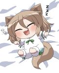  1girl :3 :d animal_ear_fluff animal_ears barefoot blush brown_hair chibi chibi_only commentary_request drooling facing_viewer fox_ears fox_girl fox_tail full_body green_ribbon hair_between_eyes highres kudamaki_tsukasa lying neck_ribbon on_back on_bed open_mouth partial_commentary ribbon rokugou_daisuke romper short_hair short_sleeves signature sleeping sleeve_ribbon smile solo squeans tail touhou white_romper zzz 