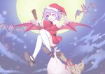  1girl bag bat_(animal) breasts broom broom_riding demon_girl demon_wings dress finger_to_mouth full_moon hat highres holding holding_broom iris_mysteria! k_(nura-rikuo) moon night night_sky pointy_ears purple_eyes purple_hair red_ribbon ribbon santa_costume santa_dress santa_hat sky smile thighhighs valeria_ristie_de_serbanescu vampire white_thighhighs wings 