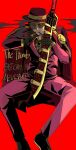  05_soleil 1boy black_gloves cigar coat elbow_rest english_text fedora full_body gloves gold_trim hat head_tilt highres holding holding_sword holding_weapon invisible_chair jacket jacket_on_shoulders limbus_company male_focus meursault_(project_moon) project_moon red_background red_coat red_shirt red_vest shirt sitting smoke smoking solo sunglasses sword thumb_(identity)_(project_moon) vest weapon 