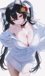  1girl absurdres animal_ears bare_shoulders bell black_choker black_hair bow bow_choker breasts cat_ears choker cleavage closed_mouth collarbone collared_shirt commission cowboy_shot dress_shirt flower hair_between_eyes hair_bow hair_flower hair_ornament highres jingle_bell large_breasts long_hair long_sleeves looking_at_viewer mole mole_on_breast mole_under_mouth mumu_muw naked_shirt off_shoulder original red_eyes shirt simple_background smile solo standing twintails very_long_hair white_background white_shirt 