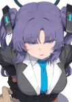  1boy 1girl :o absurdres black_skirt blazer blue_archive blue_necktie breasts commentary_request csham dress_shirt halo highres jacket large_breasts long_hair looking_at_viewer necktie pleated_skirt pov pov_hands purple_hair shirt simple_background skirt sweatdrop two_side_up white_background white_shirt yuuka_(blue_archive) 
