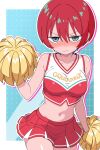  1girl absurdres amate_yuzuriha blue_background blush border breasts cheerleader clothes_writing commentary copyright_name cowboy_shot cropped_shirt green_eyes gundam gundam_gquuuuuux highres medium_breasts navel odorukaminoke pom_pom_(cheerleading) red_hair red_shirt red_skirt shirt short_hair simple_background skirt solo white_border white_shirt 