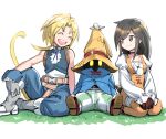  1girl 2boys ^_^ animal_on_head bird bird_on_head black_hair blonde_hair boots closed_eyes commentary dede_(qwea_00000) final_fantasy final_fantasy_ix garnet_til_alexandros_xvii gloves grass grey_gloves hat jewelry long_hair long_sleeves multiple_boys necklace on_head open_mouth orange_hat own_hands_together simple_background sitting sleeveless symbol-only_commentary tail vivi_ornitier white_background wizard_hat zidane_tribal 